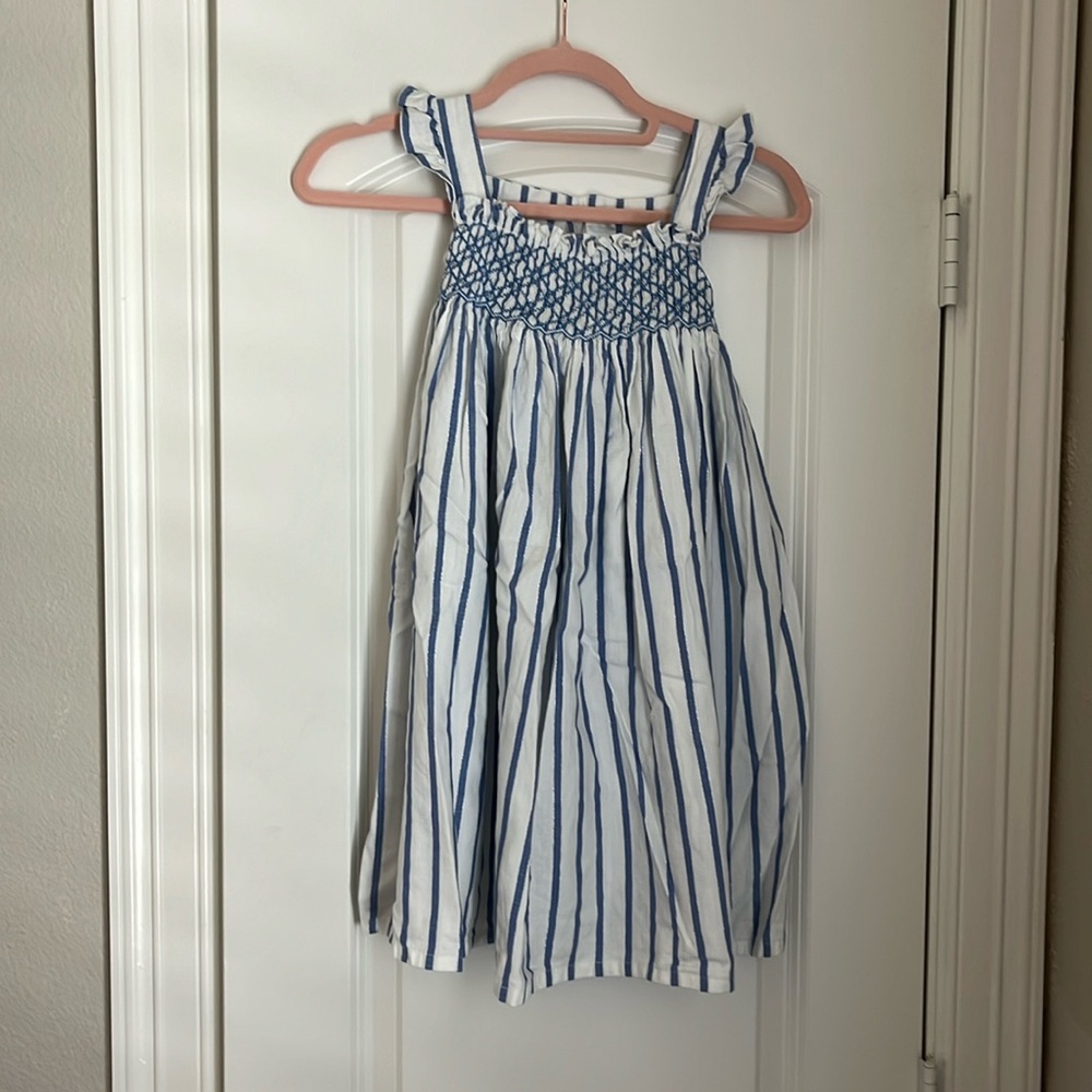 Girls size 6x Edgehill Collection blue and white stripped dress, buttons and bow
